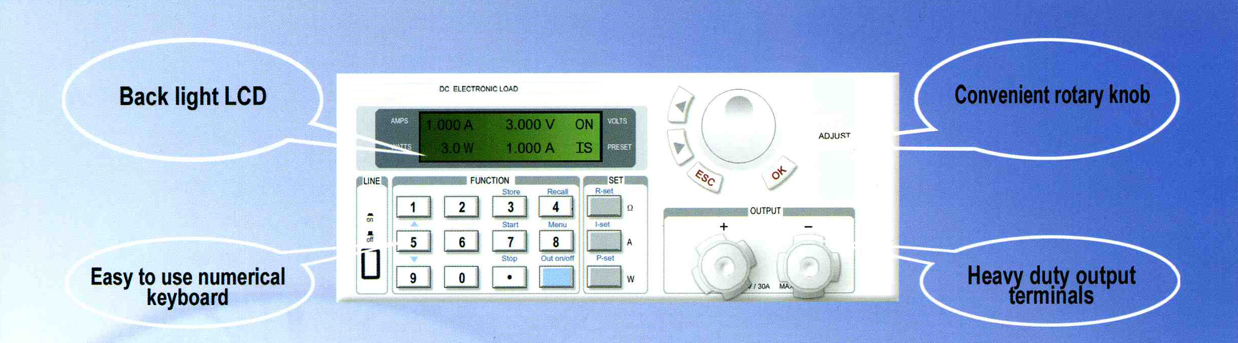 The CSI3711A Features a Back Lit LCD Display, a Convenient Rotary Knob, an Easy to Use Numerical Keyboard and Heavy Duty Output Terminals.