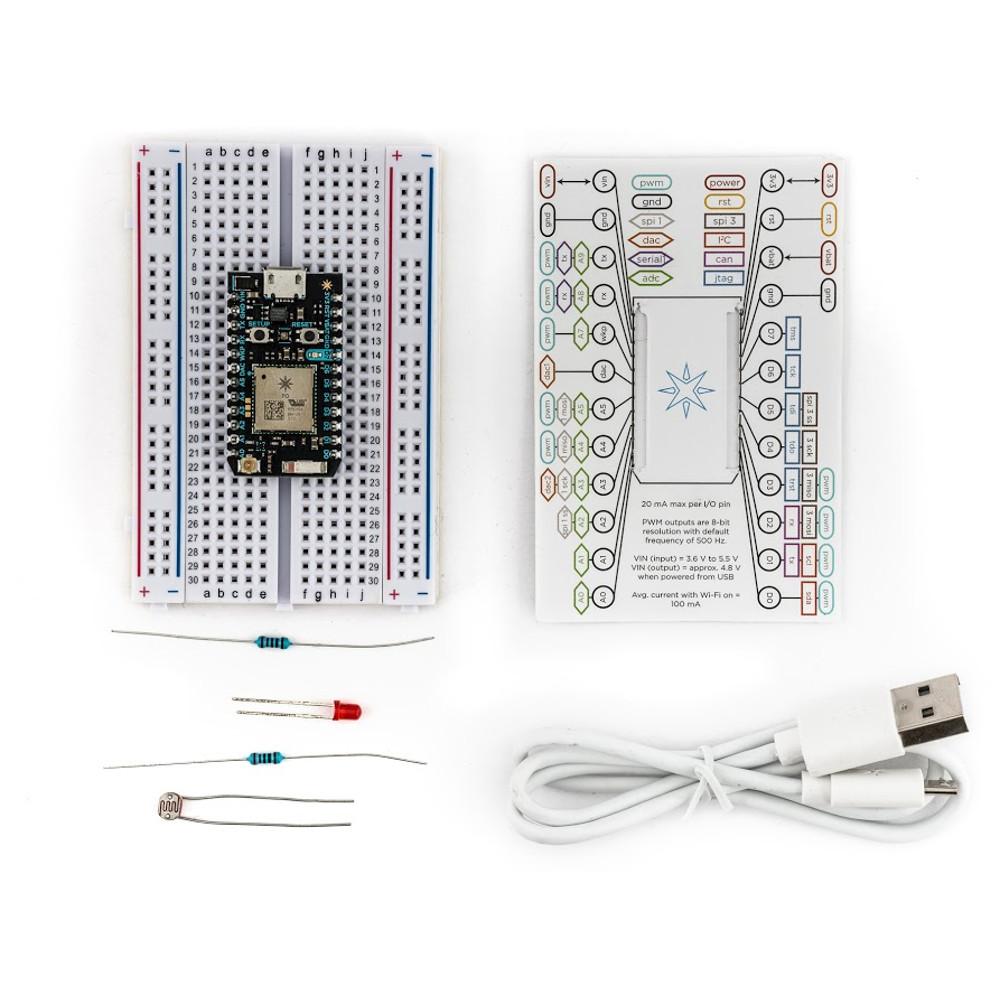 A PHOTON WITH HEADERS, MINI BREADBOARD, USB CABLE, AND COMPONENTS FOR YOUR FIRST PROJECT.