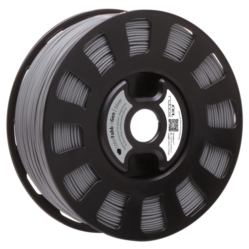 COLORFABB NGEN FILAMENT IN SILVER ON A ROBOX REEL.
