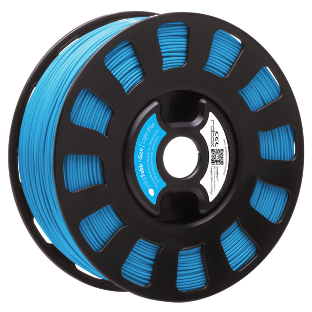 COLORFABB NGEN FILAMENT IN LIGHT BLUE ON A ROBOX REEL.