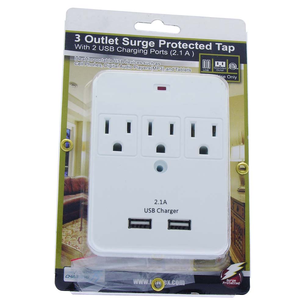3-Outlet Surge Protected Wall Tap With 2 USB 2.1A Charging Ports
