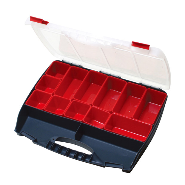 COMPARTMENT STORAGE CASE, 12 REMOVABLE COMPARTMENTS, UP TO 14 TOTAL COMPARTMENTS..