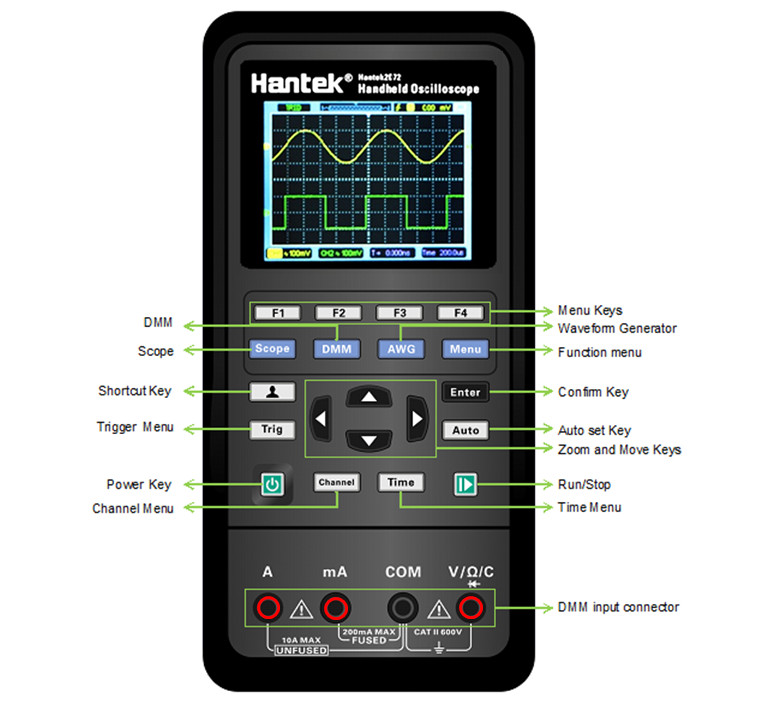 Hantek 2C72 Digital Oscilloscope Multimeter USB Portable 2 Channels 70MHz 250MSa/s Multifunction Tester 