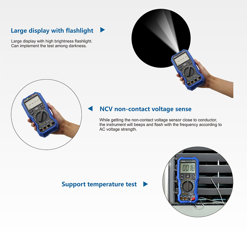 The Owon OW18B features a built in flashlight, NCV Voltage sense, and supports temprature testing.