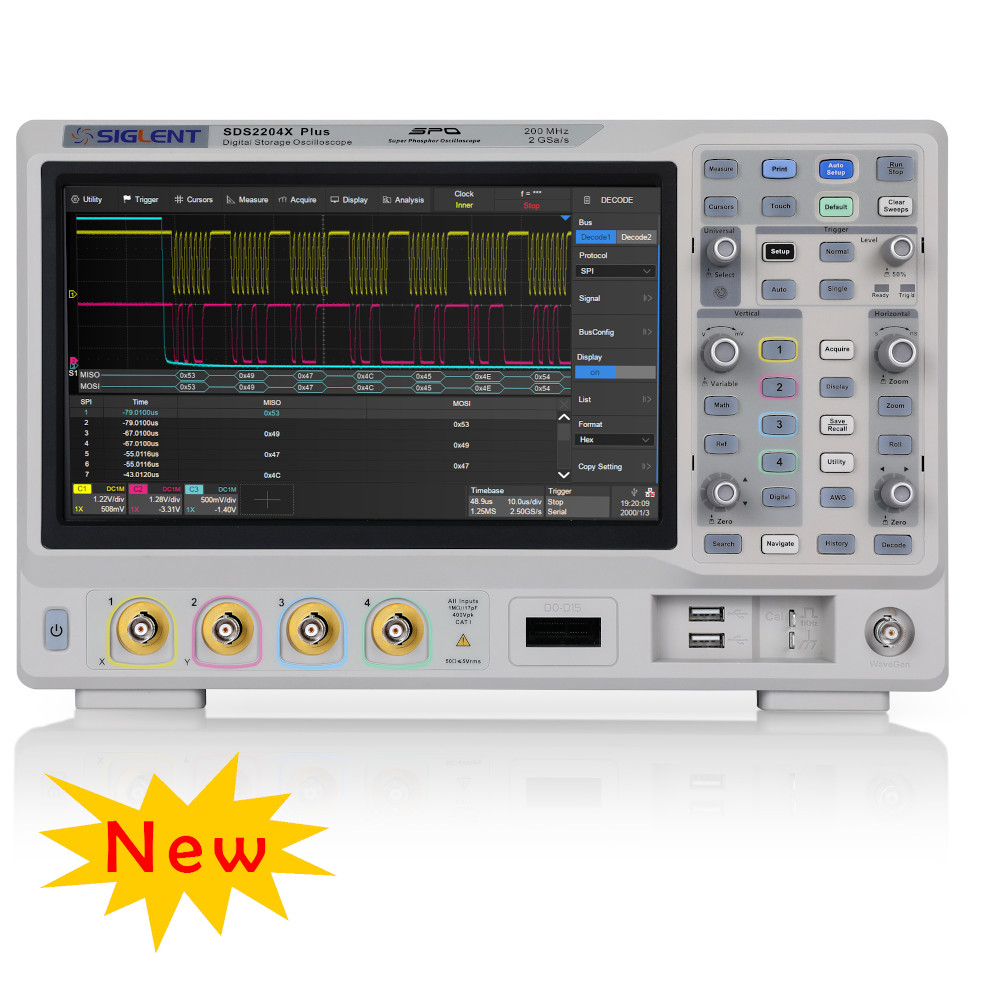 200MHZ, 4 CHANNELS, 2GSA/S DIGITAL STORAGE OSCILLOSCOPE. 200M MEMORY, TOUCH SCREEN, BUILT-IN 50 MHZ AWG