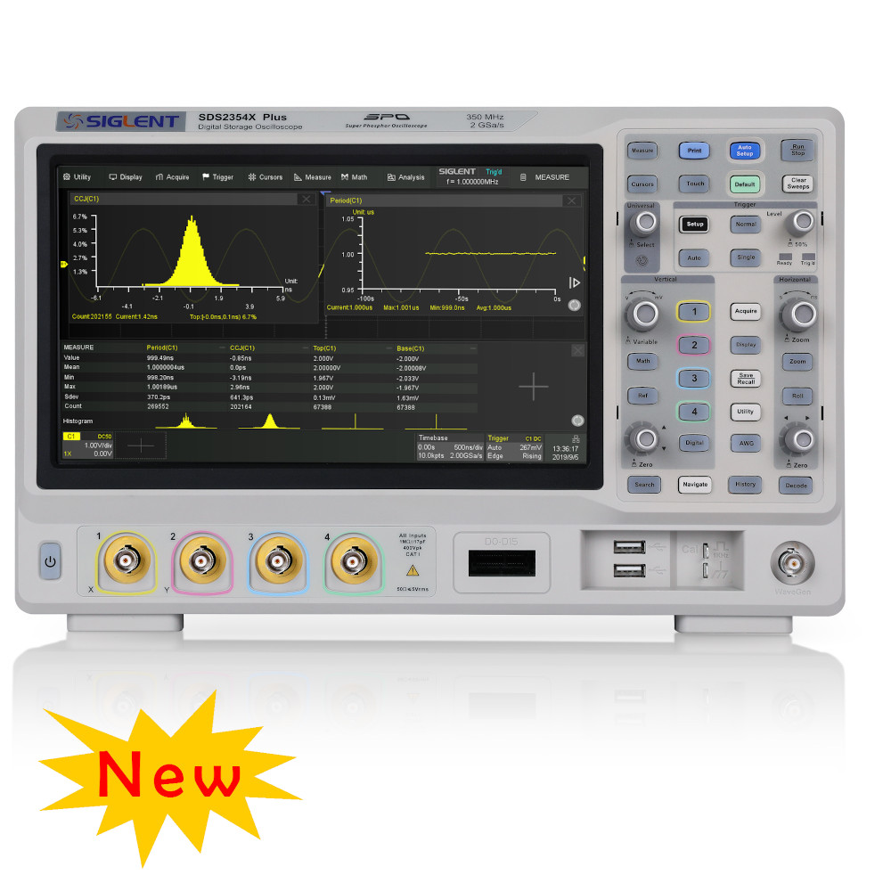 350MHZ, 4 CHANNELS, 2GSA/S DIGITAL STORAGE OSCILLOSCOPE. 200M MEMORY, TOUCH SCREEN, BUILT-IN 50 MHZ AWG