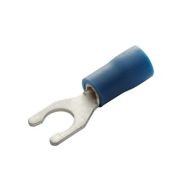 LOCKING SPADE TERMINAL, 16-14AWG, #10 STUD SIZE, BLUE, INSULATED PVC, BRAZED SEAM, 10PK