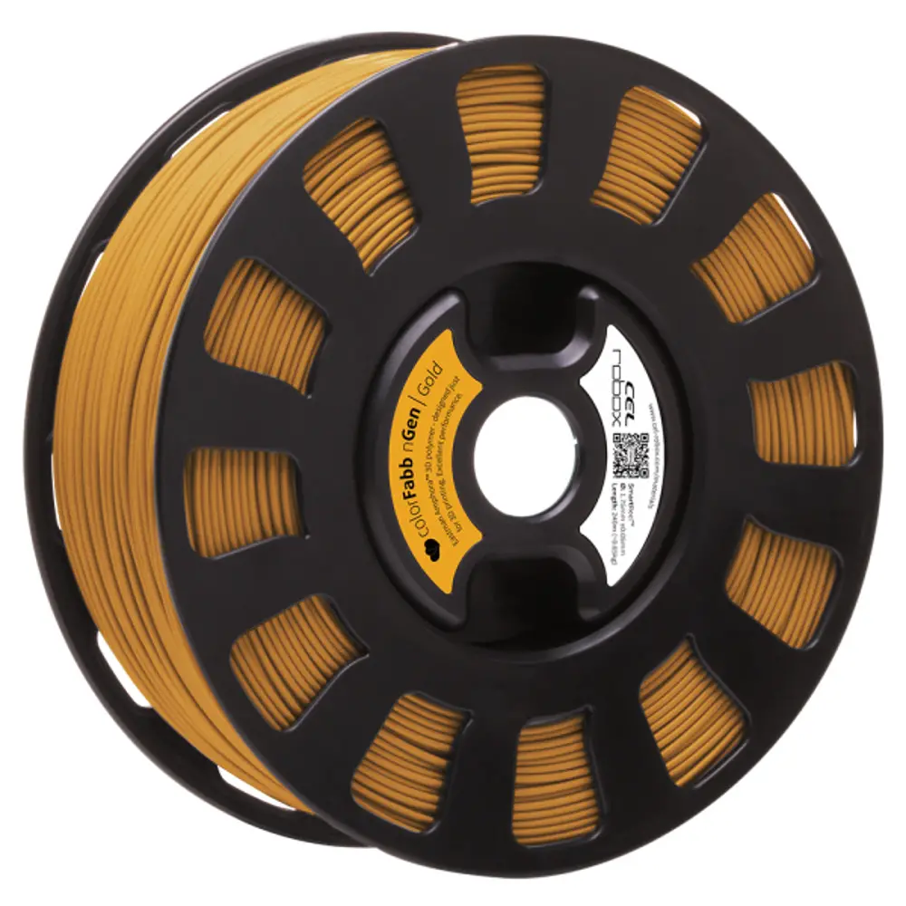 COLORFABB NGEN FILAMENT IN GOLD ON A ROBOX REEL.